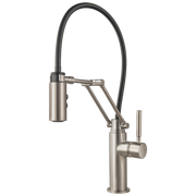 Brushed nickel kitchen faucet with articulating spray head and single lever handle on cylindrical base.