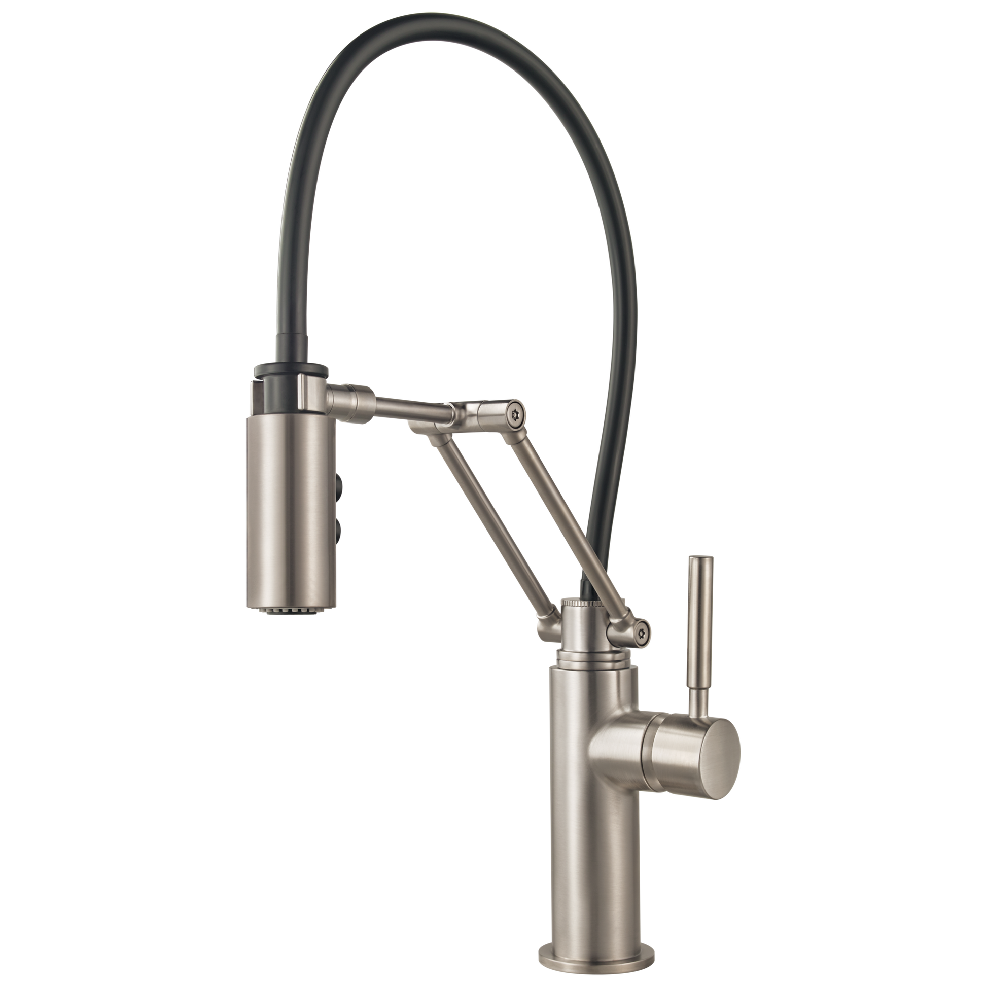 Brushed nickel kitchen faucet with articulating spray head and single lever handle on cylindrical base.