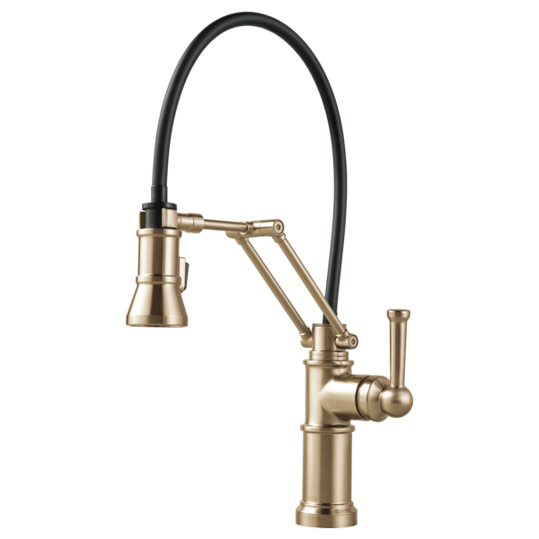 Brushed brass kitchen faucet with articulating arm, black coiled hose, and single lever handle.