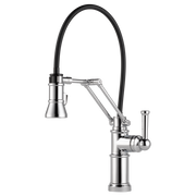 Chrome kitchen faucet with articulating black hose, single lever handle, and pull-down sprayer head.