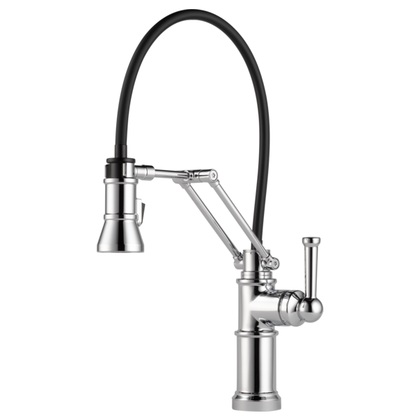 Chrome kitchen faucet with articulating black hose, single lever handle, and pull-down sprayer head.