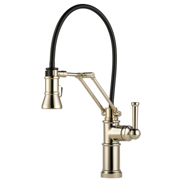 Champagne bronze kitchen faucet with articulating arm, black hose, and single handle control.