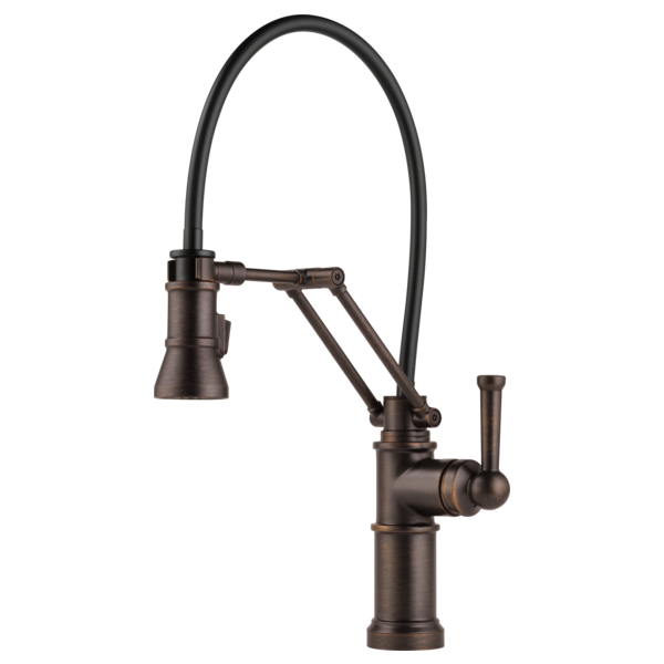 Bronze single-handle kitchen faucet with articulating arm and pulldown spray head.