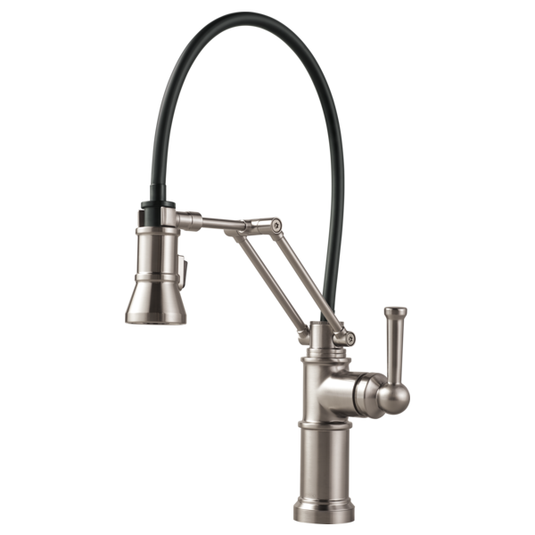 Brushed nickel kitchen faucet with articulating arm, single handle lever, and black hose spray head.