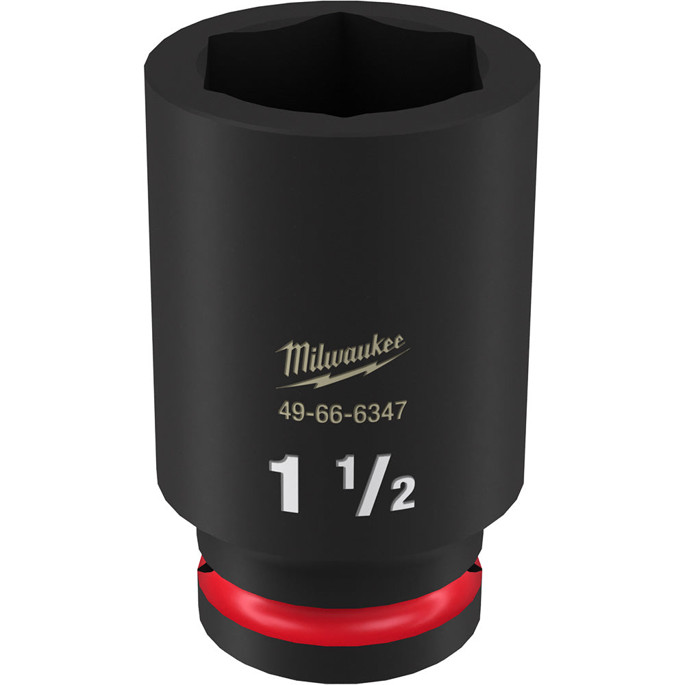 Black Milwaukee impact socket, 1-1/2" size, with hexagonal opening and red grip ring at base.