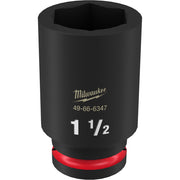 Black Milwaukee impact socket, 1-1/2" size, with hexagonal opening and red grip ring at base.