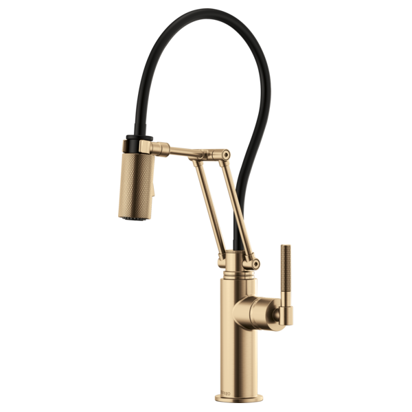 Brass kitchen faucet with articulating arm, black coiled hose, and knurled cylindrical handle.