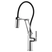 Chrome articulating kitchen faucet with black hose, flexible spout, and side lever handle.