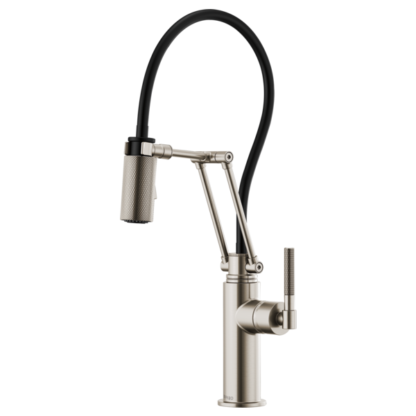 Brushed nickel kitchen faucet with articulating black hose and knurled side handle.