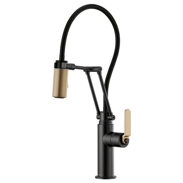 Black kitchen faucet with articulating spout, tan handle, and pull-down spray head.