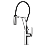 Chrome kitchen faucet with black flexible hose, articulating spout, and lever handle.