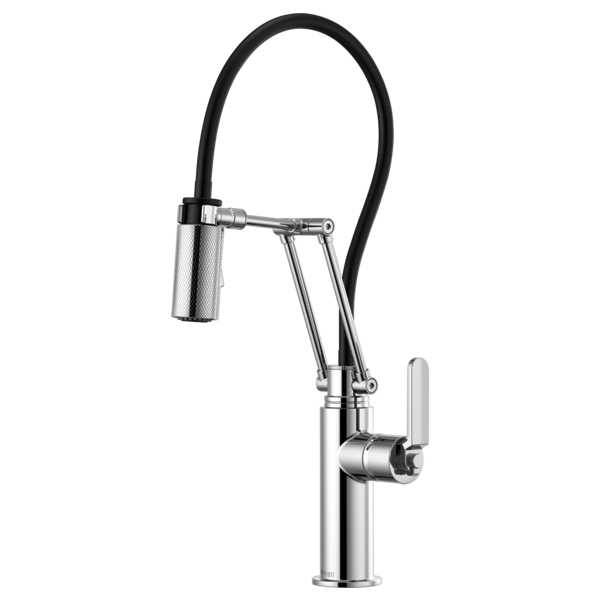 Chrome kitchen faucet with black flexible hose, articulating spout, and lever handle.