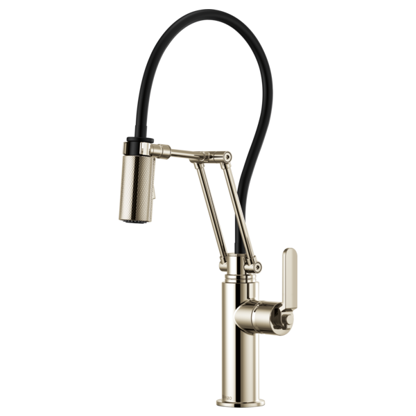 Modern kitchen faucet with polished nickel finish, articulating black hose, and industrial-style lever handle.