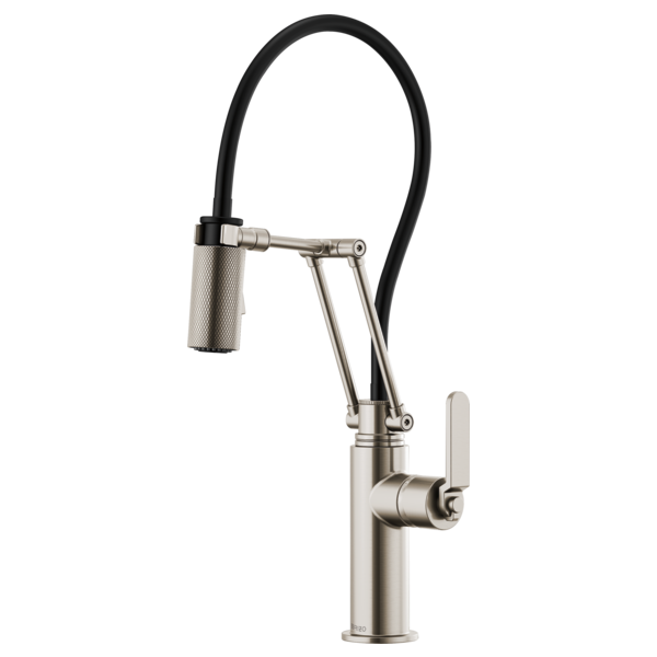 Brushed nickel articulating kitchen faucet with black flexible hose and lever handle.