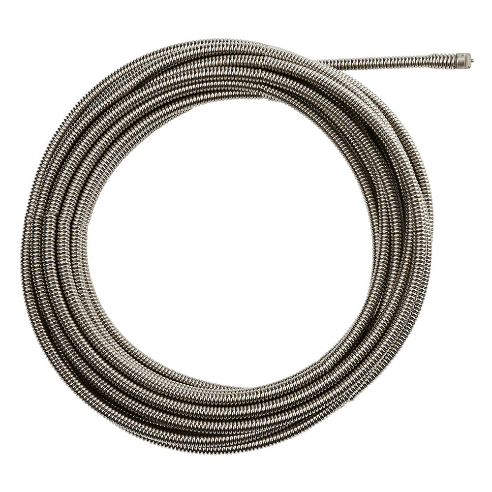 Coiled metal drain cleaning cable with coupling connector and protective sheath.