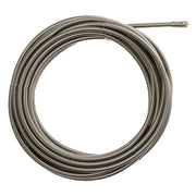 Coiled metal drain cleaning cable with coupling connector and protective sheath.