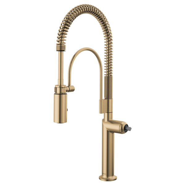 Brizo Odin semi-professional kitchen faucet with coiled pull-down sprayer and cylindrical spout in brushed gold finish.