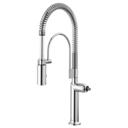 Chrome kitchen faucet with tall cylindrical body, flexible coiled hose, and curved spout with pull-down sprayer.