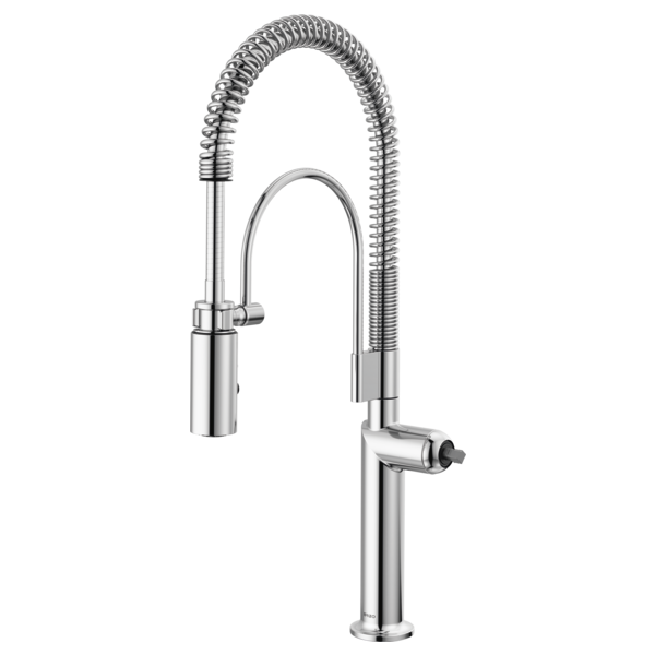 Chrome kitchen faucet with tall cylindrical body, flexible coiled hose, and curved spout with pull-down sprayer.
