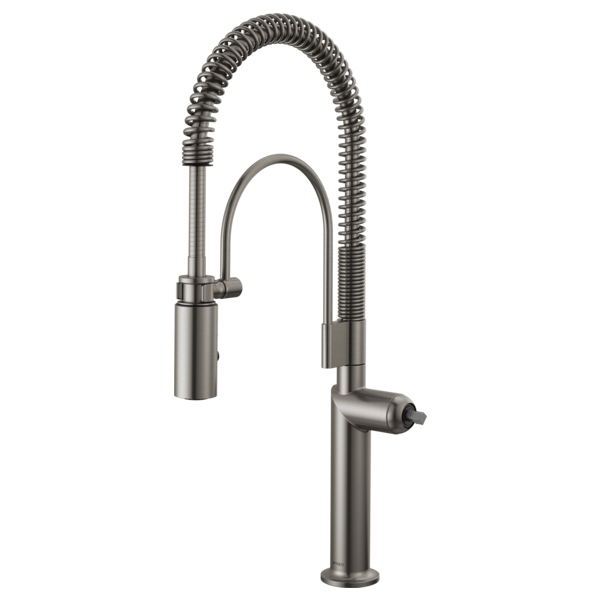 Brushed nickel kitchen faucet with tall cylindrical body, flexible coiled spray hose, and single side lever control.