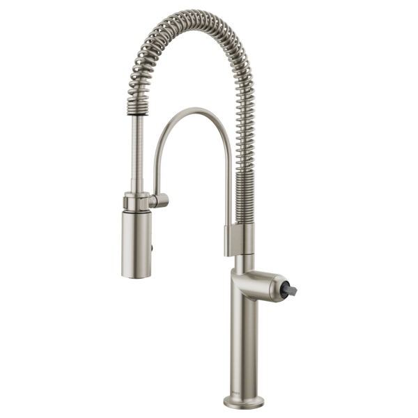 Stainless steel kitchen faucet with tall cylindrical base, flexible coiled spray head, and pull-down nozzle.