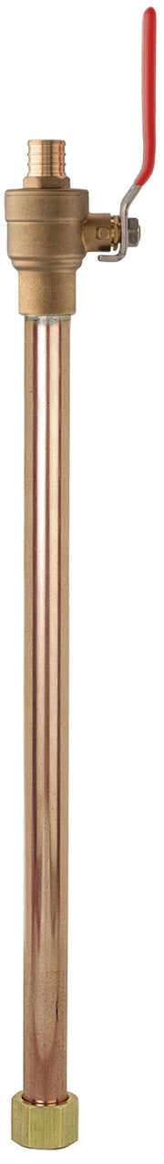 Brass water heater connector with 3/4 inch connections, red lever handle, and copper tubing.