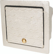 Satin nickel wall-mounted hydrant box with textured face plate, black trim ring, and brass valve outlet.