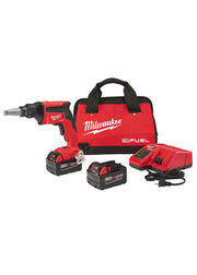 Milwaukee M18 FUEL drywall screw gun with red and black cordless drill, two batteries, charger, and carrying bag.