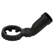 Black plastic dust extractor attachment with circular mounting ring and angled collection tube.