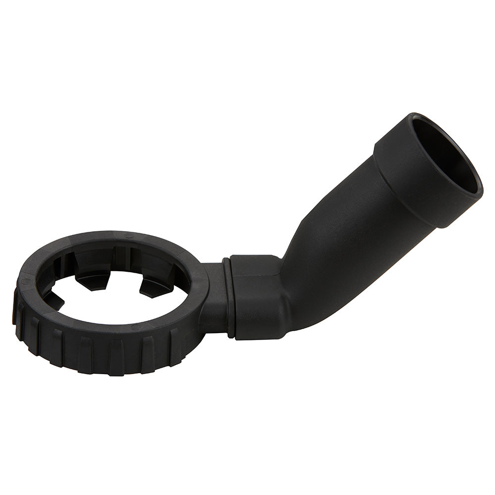 Black plastic dust extractor attachment with circular mounting ring and angled collection tube.