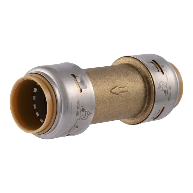 Brass and silver push-fit check valve with directional arrow and dual connection ports.