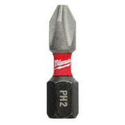 Milwaukee Shockwave Phillips #2 insert bit with gray tip, red band, and black hexagonal base marked "PH2".