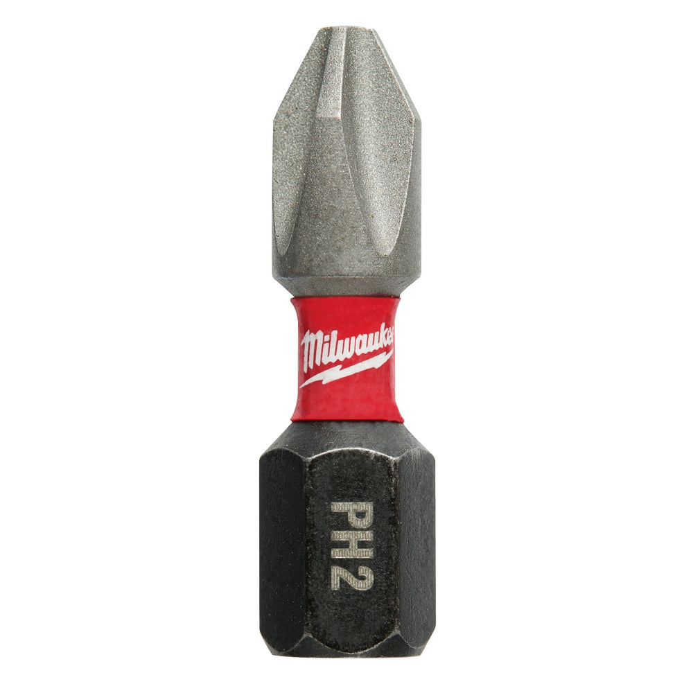 Milwaukee Shockwave Phillips #2 insert bit with gray tip, red band, and black hexagonal base marked "PH2".