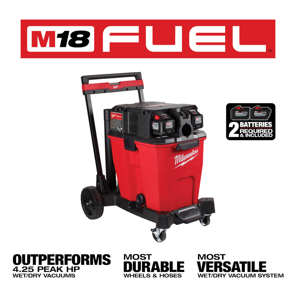 Red and black Milwaukee M18 FUEL wet/dry vacuum with dual battery compartment, handle, wheels, and casters.