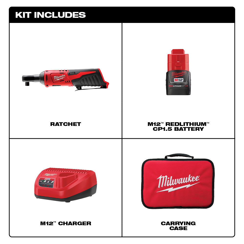 Red and black Milwaukee M12 cordless ratchet with battery, charger, and red carrying case.