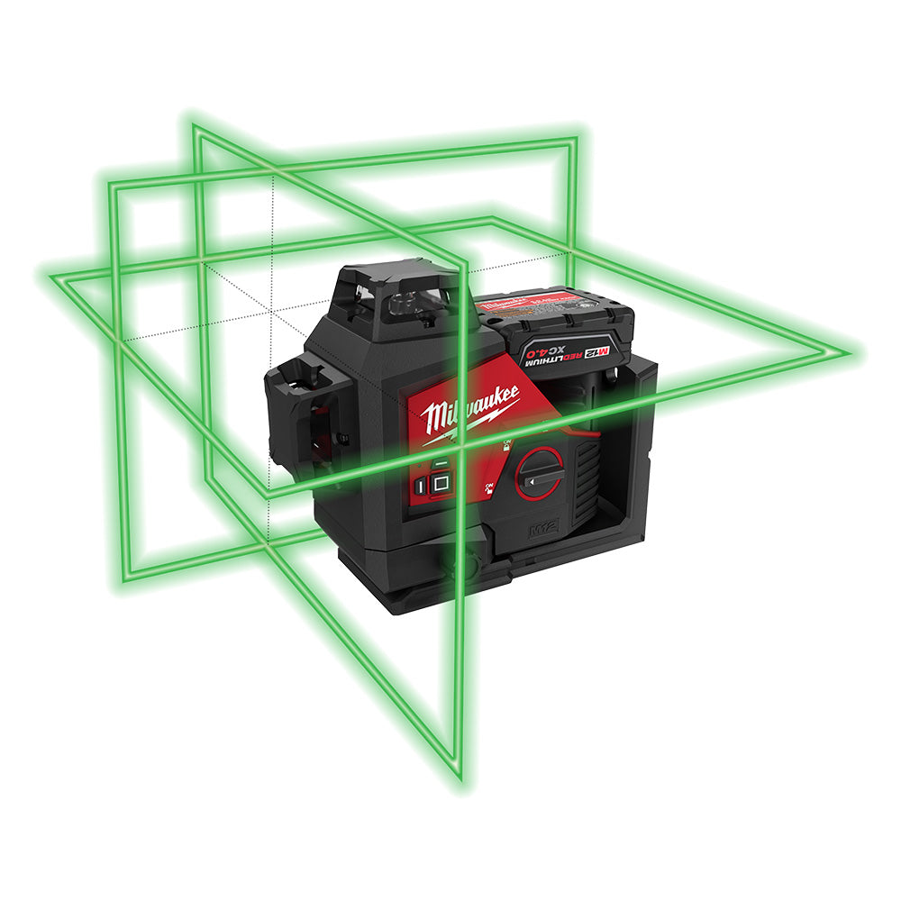 Milwaukee M12 laser level projecting green cross and plane lines on white background.