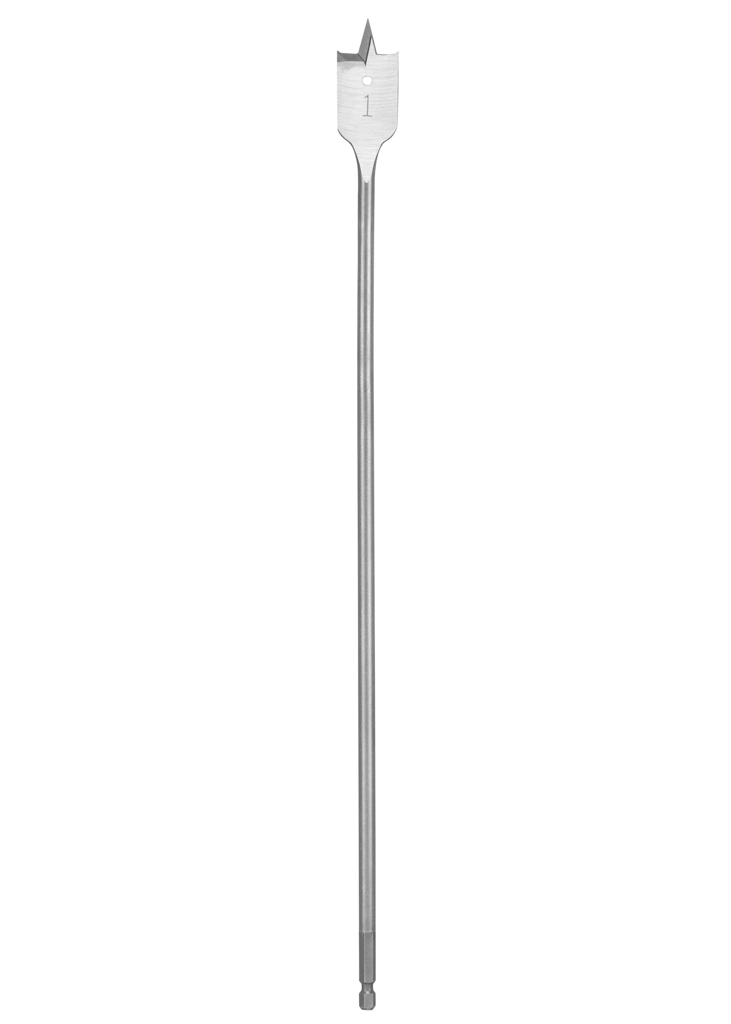 Milwaukee flat boring bit with 1-inch wide head and long steel shaft with hex end.