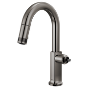 Black Onyx pull-down prep faucet with curved arc spout and side control handle.