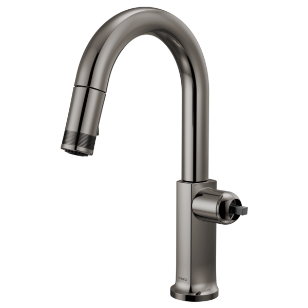 Black Onyx pull-down prep faucet with curved arc spout and side control handle.