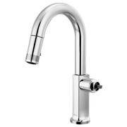 Chrome pull-down kitchen faucet with curved arc spout and single side-mounted control lever.