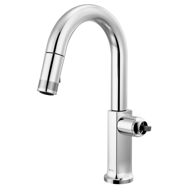Chrome pull-down kitchen faucet with curved arc spout and single side-mounted control lever.