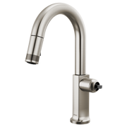 Stainless steel pull-down kitchen faucet with curved arc spout and side control lever.