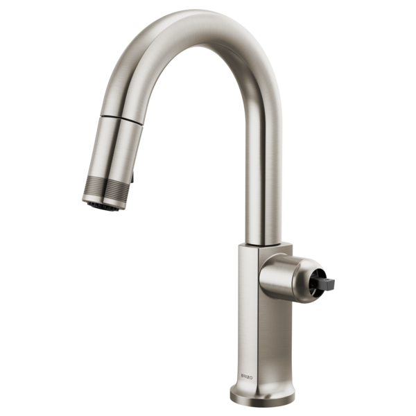 Stainless steel pull-down kitchen faucet with curved arc spout and side control lever.