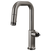 Black Onyx pull-down kitchen faucet with square spout and single side handle.