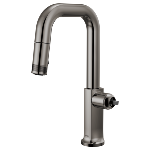 Black Onyx pull-down kitchen faucet with square spout and single side handle.