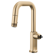 Luxe gold pull-down kitchen faucet with square spout and single side-mounted control lever.