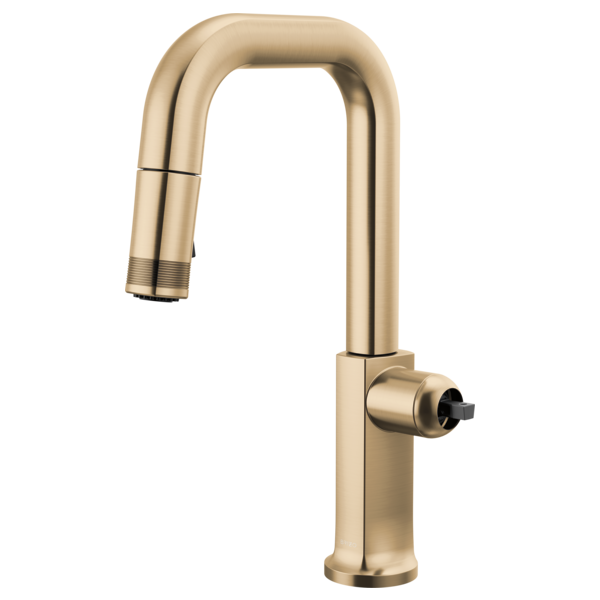 Luxe gold pull-down kitchen faucet with square spout and single side-mounted control lever.
