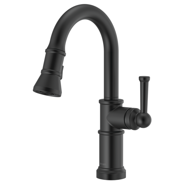 Black pull-down prep faucet with curved spout and lever handle.