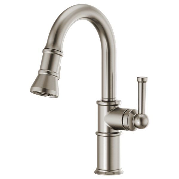 Stainless steel pull-down prep faucet with curved spout, single lever handle, and spray head.