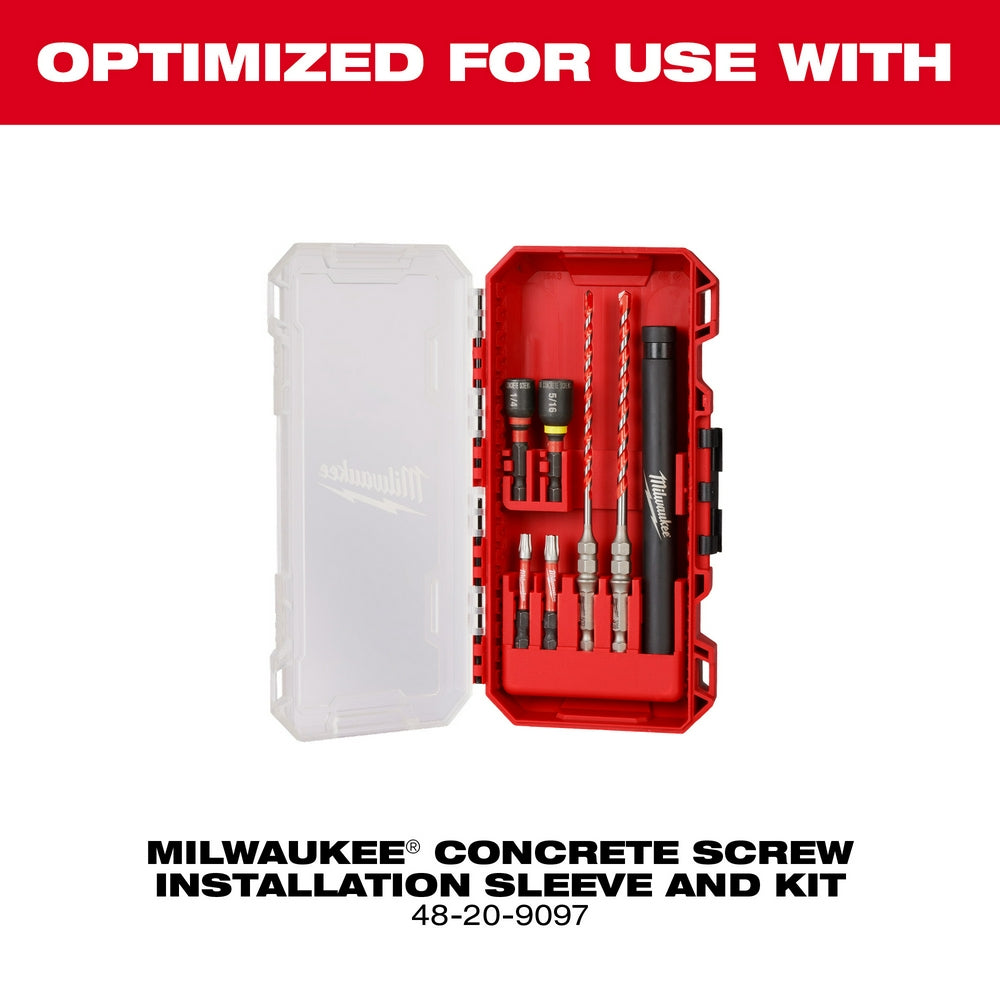 Milwaukee Shockwave carbide hammer drill bit, 3/16" x 6", in red and white storage case with accessories.